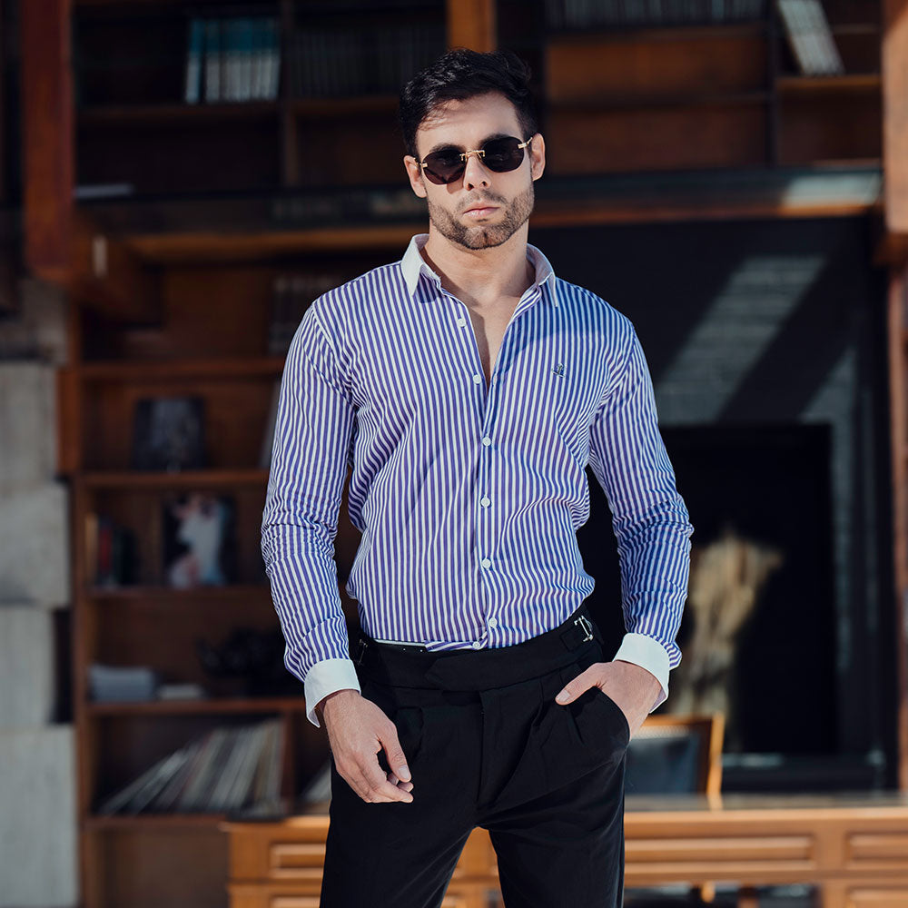 Camisa Slim White Collar Stripe Shirt Dark Magenta