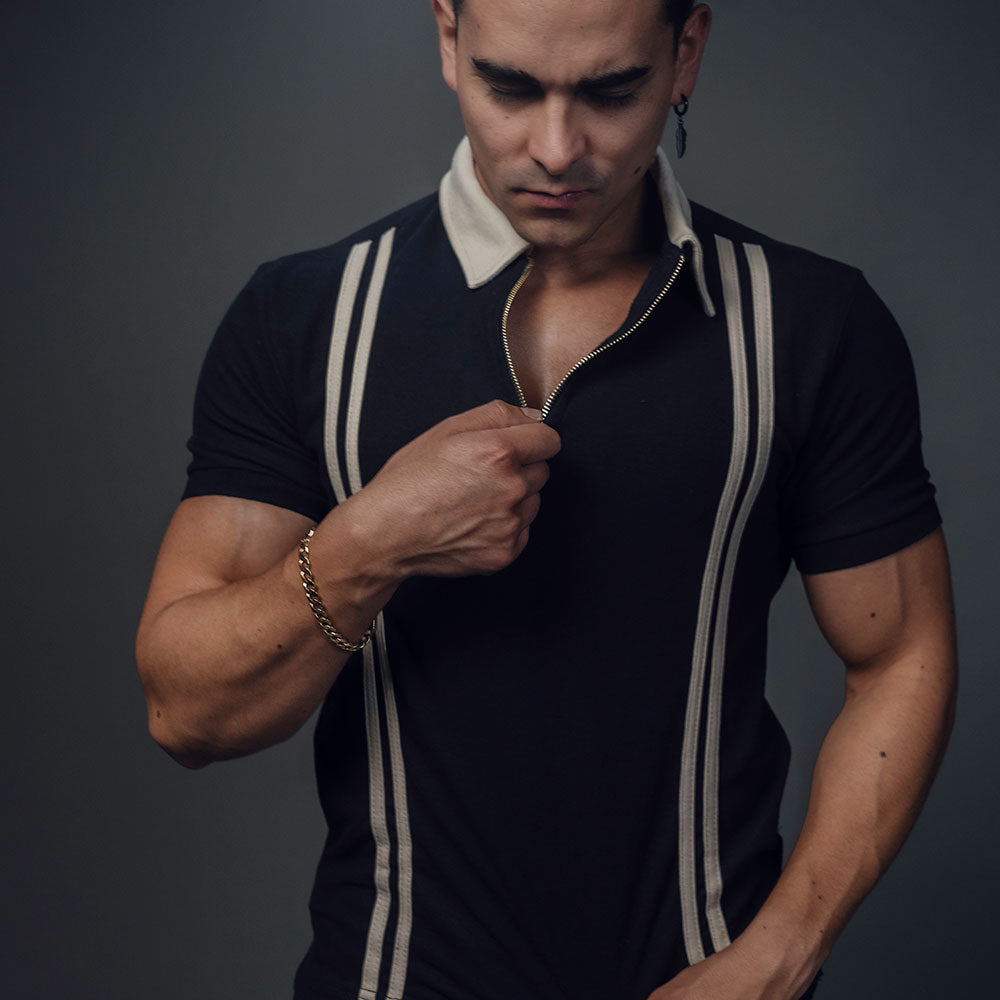 Zipped Polo Manga Corta Navy Cream Stripes