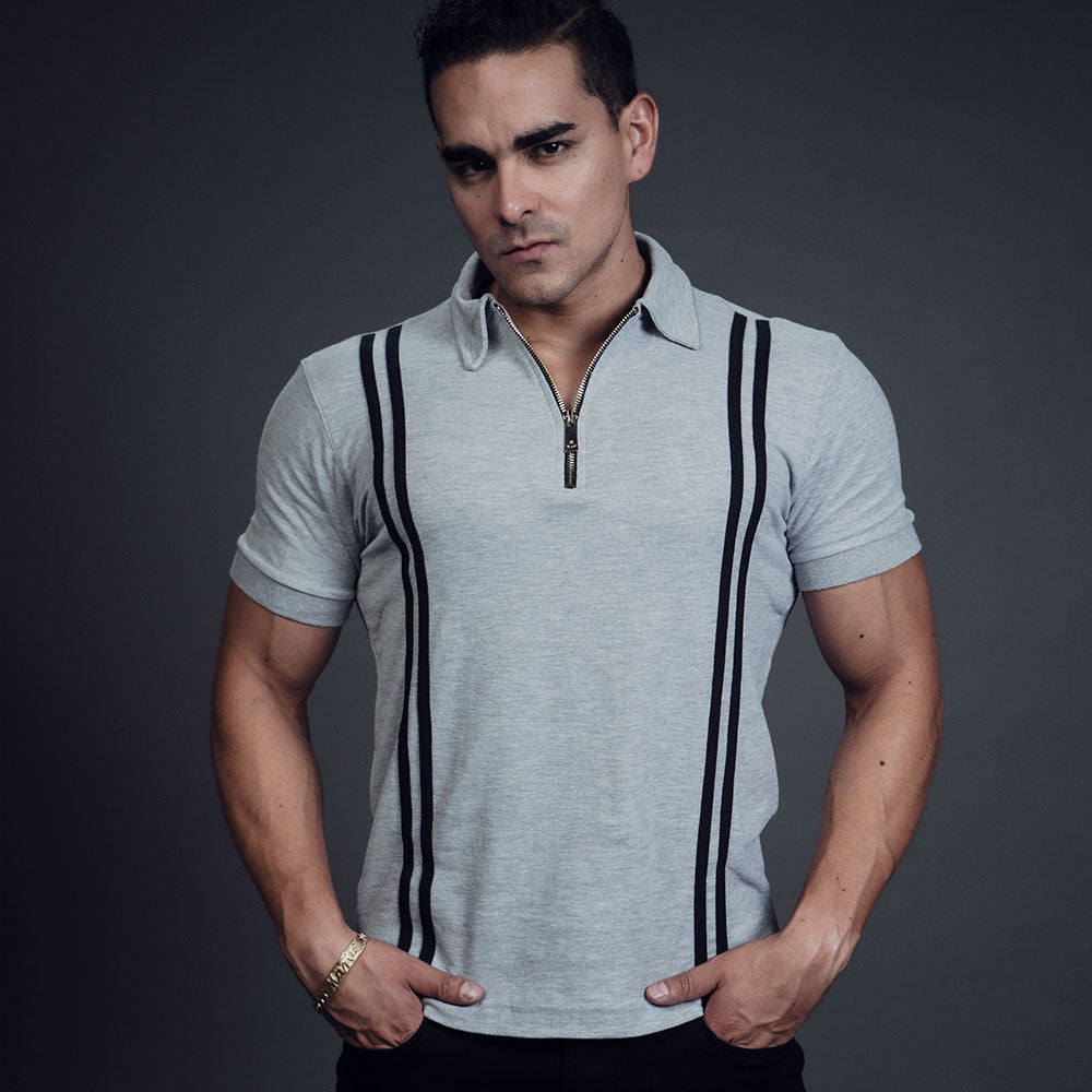 Zipped Polo Manga Corta Jaspe Navy Stripes