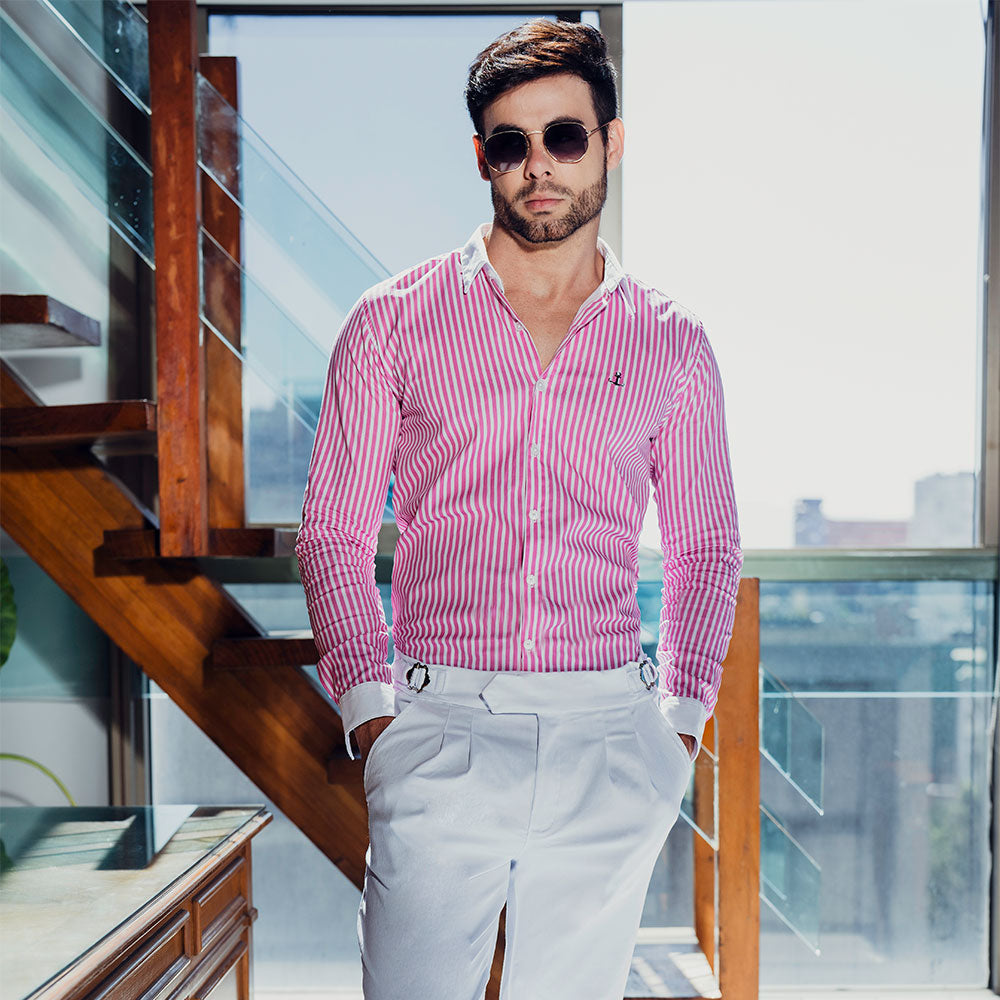 Camisa Slim White Collar Stripe Shirt Rosa