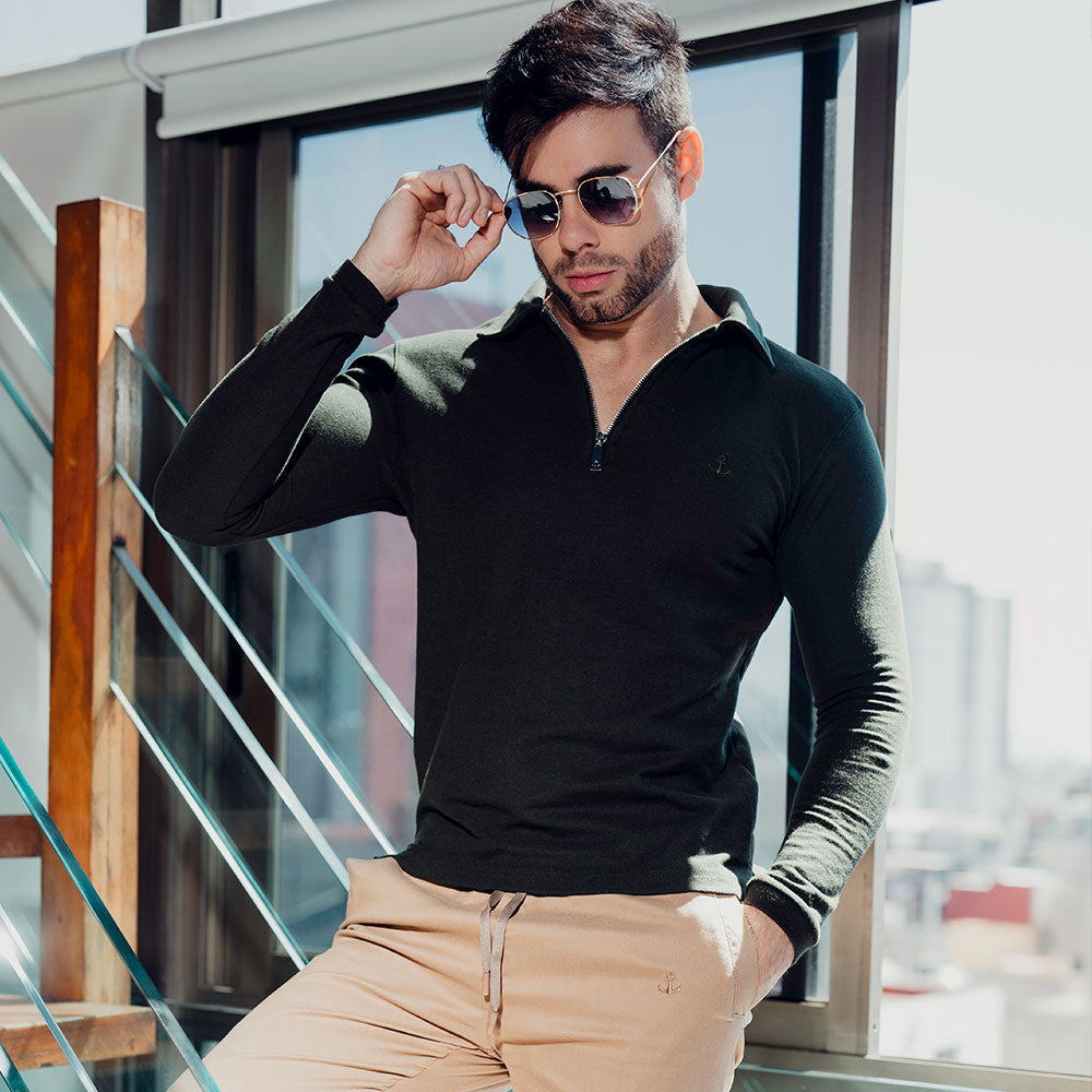 Zipped Polo Manga Larga Full Olive