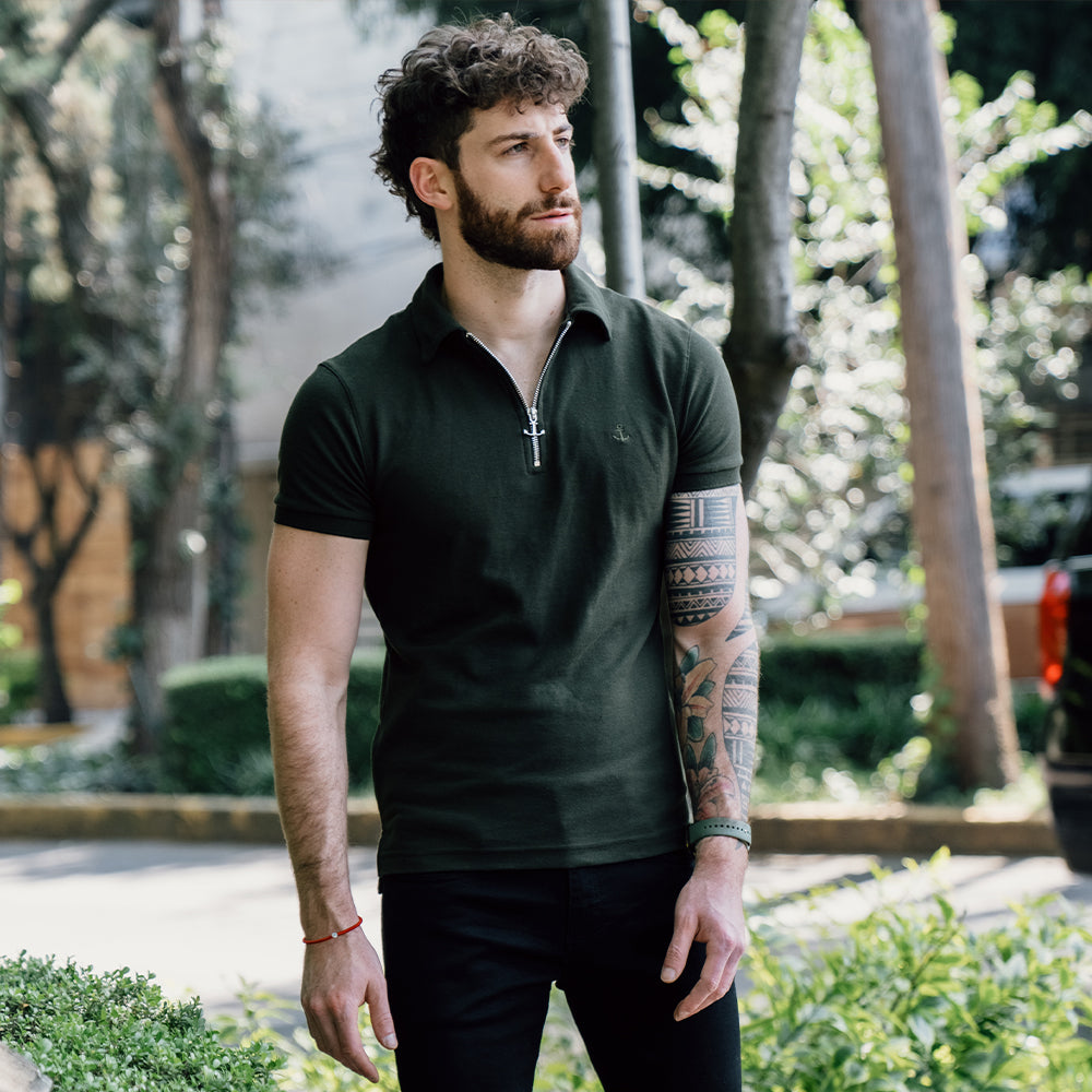Anchor Zipper Polo Shirt Olive