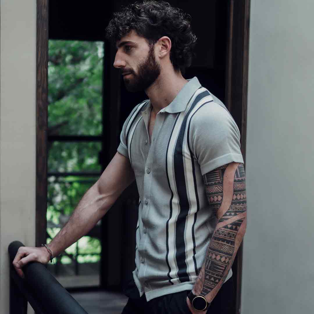 Retro Knitted Shirt Gray Black Stripe