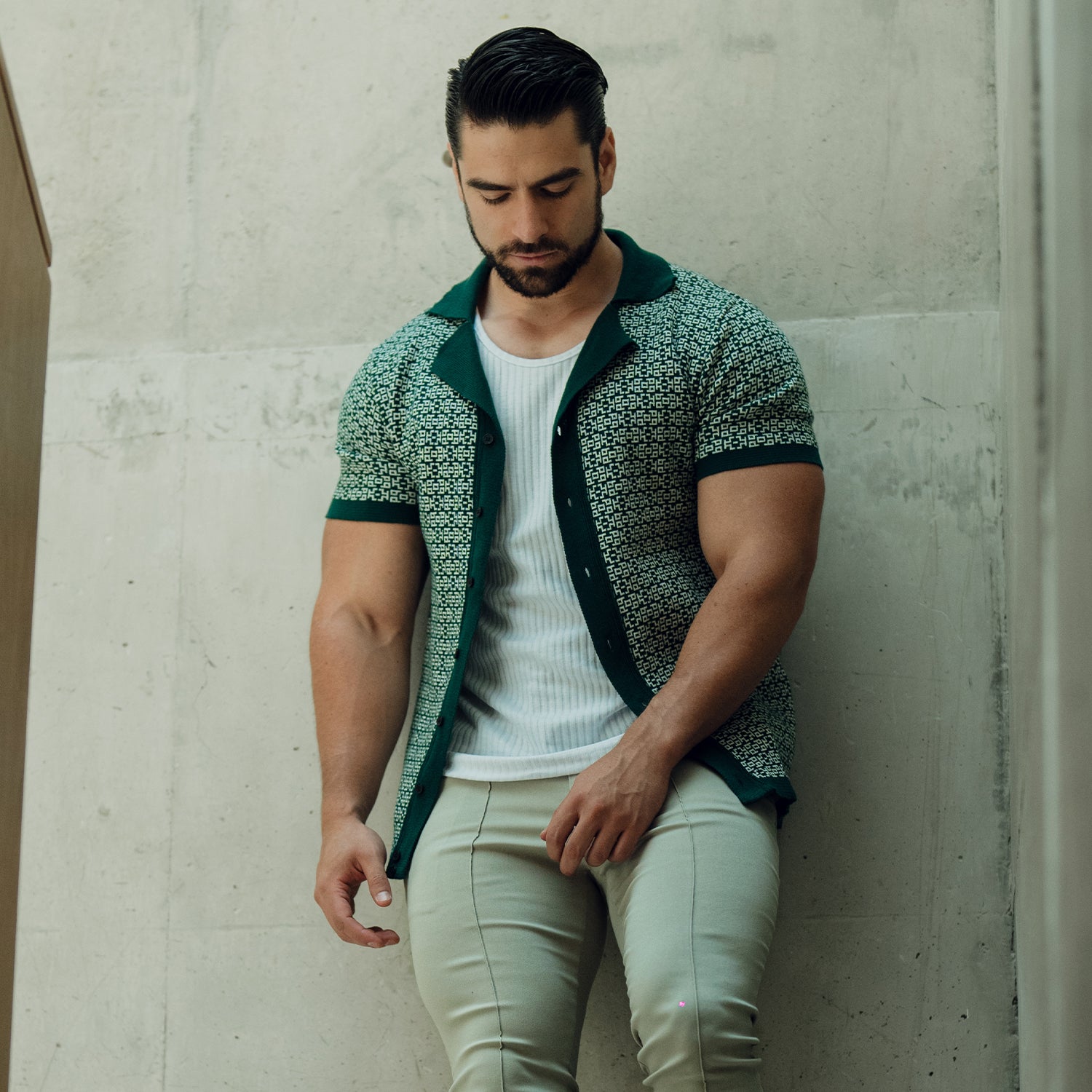 Camisa Knitted Unwind Jungle Green Contrast Manga Corta