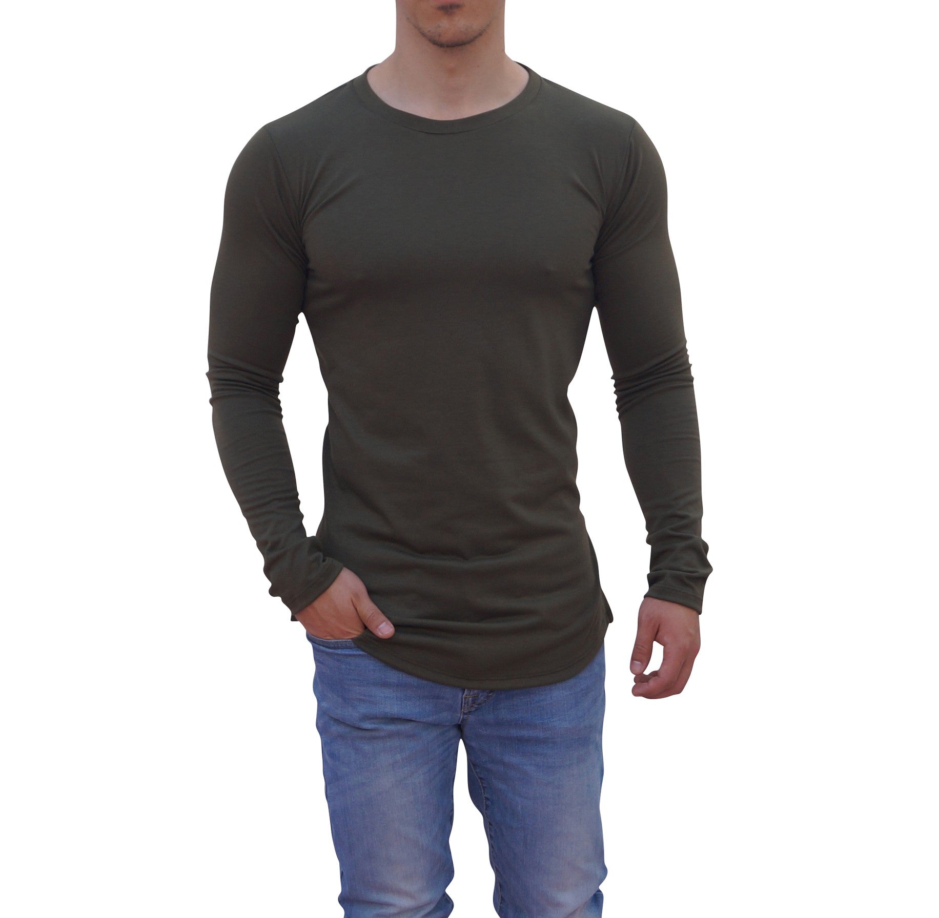 Playera Manga Larga Cuello Redondo Olivo Con Abertura