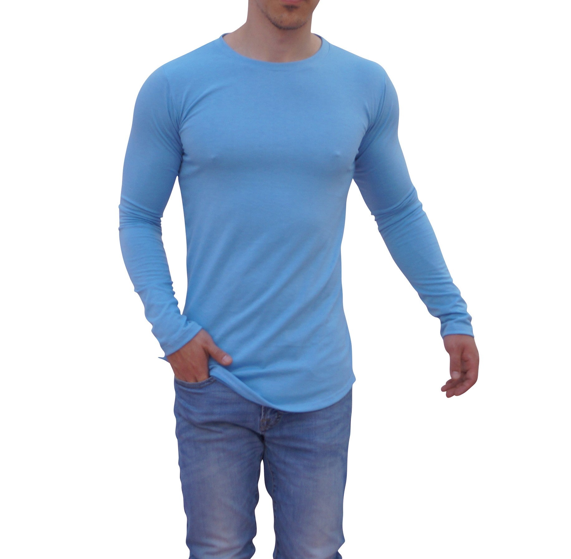 Light Blue Round Neck Long Sleeve T-shirt With Opening