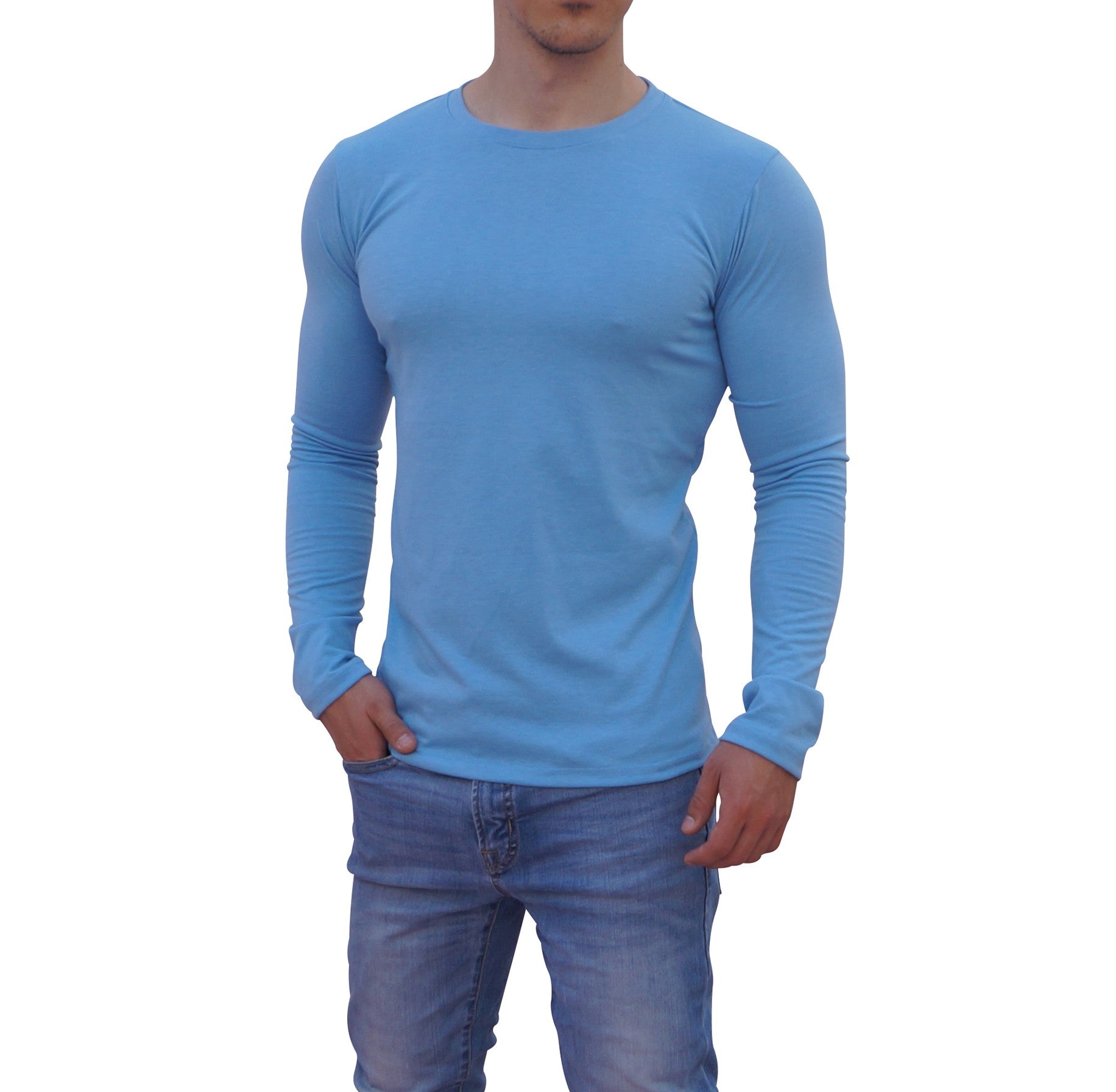 Playera Manga Larga Cuello Redondo Azul Claro