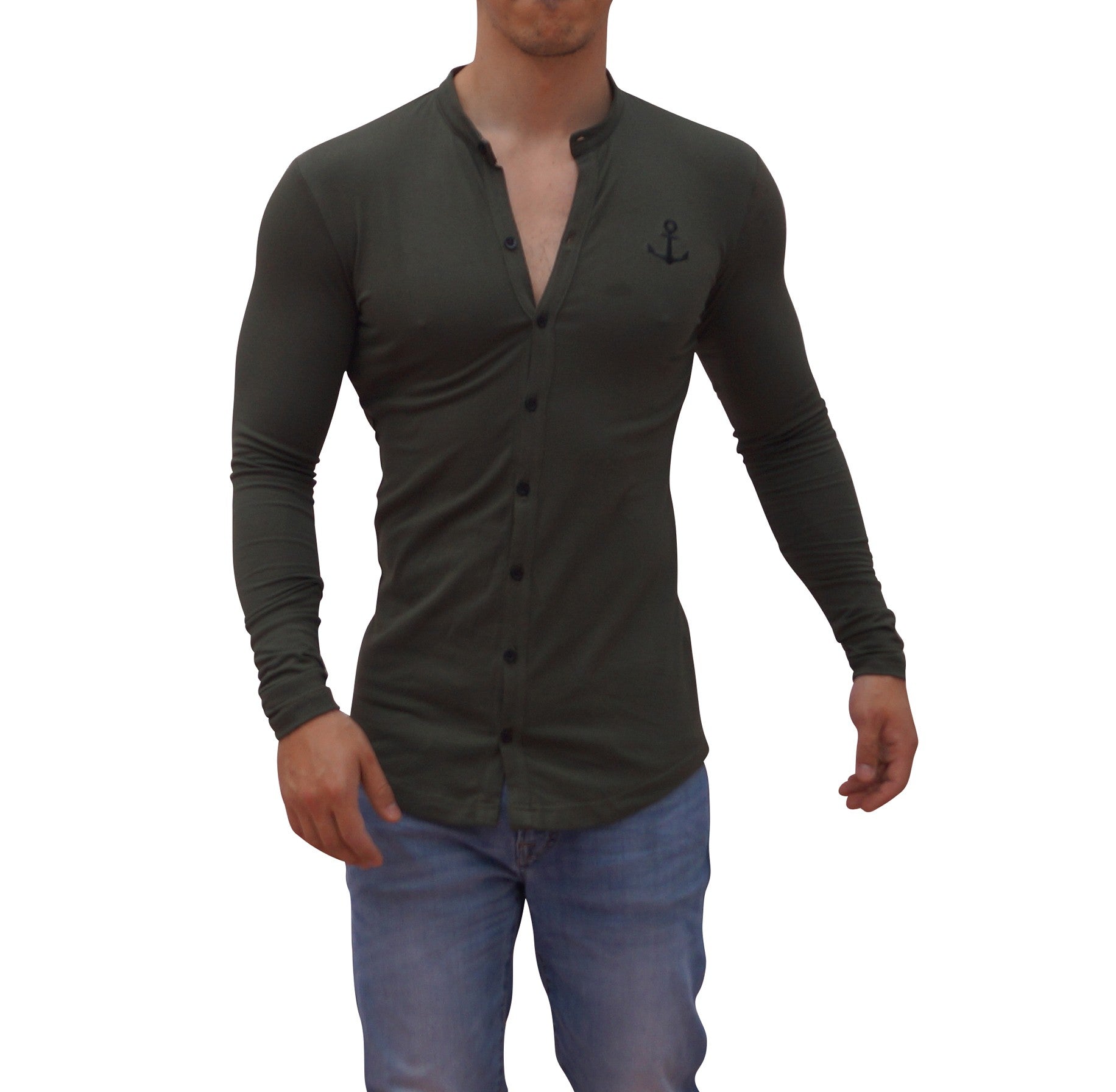 Grandad Jersey Shirt Military Green Logo Black