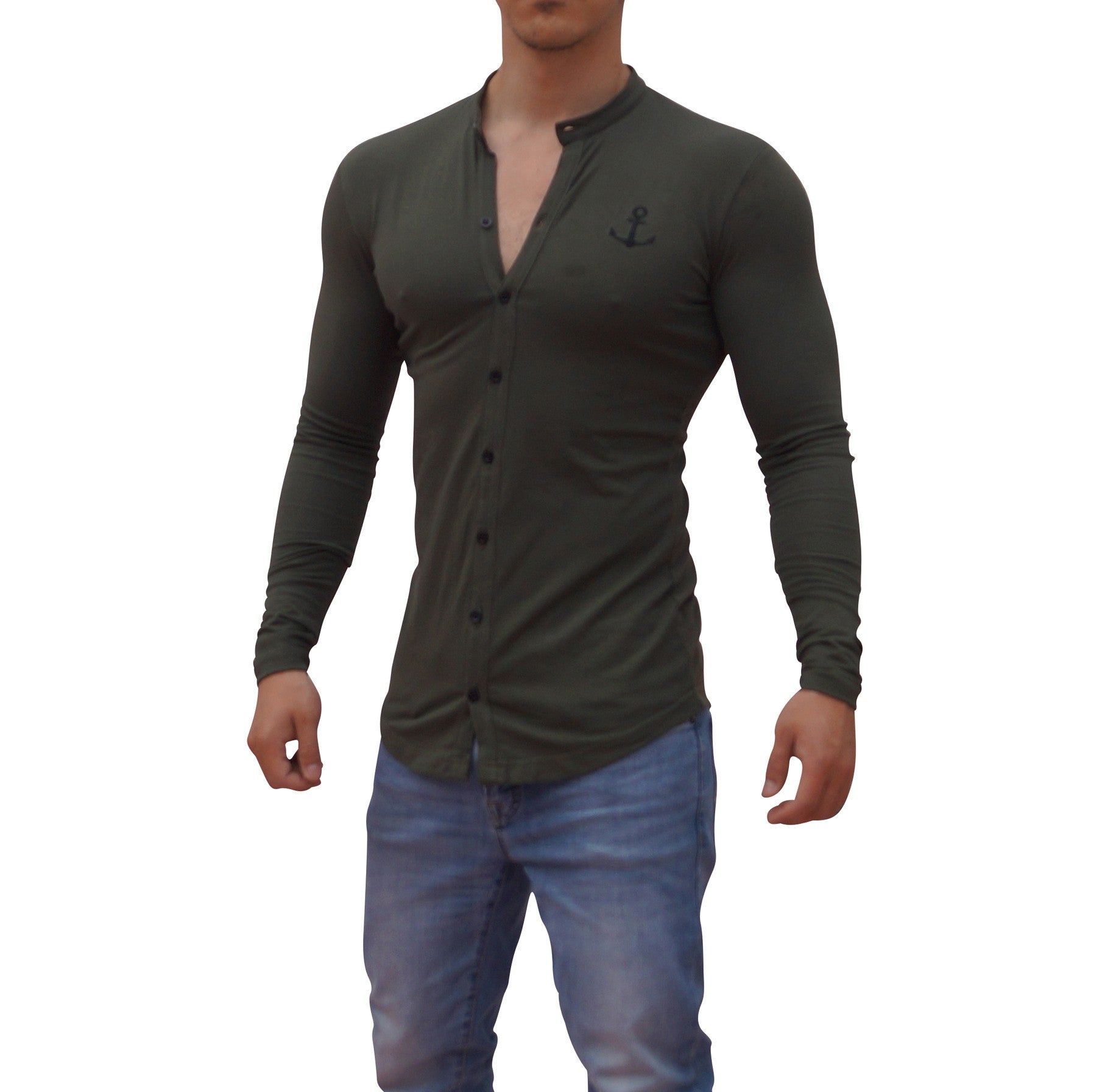 Grandad Jersey Shirt Military Green Logo Black