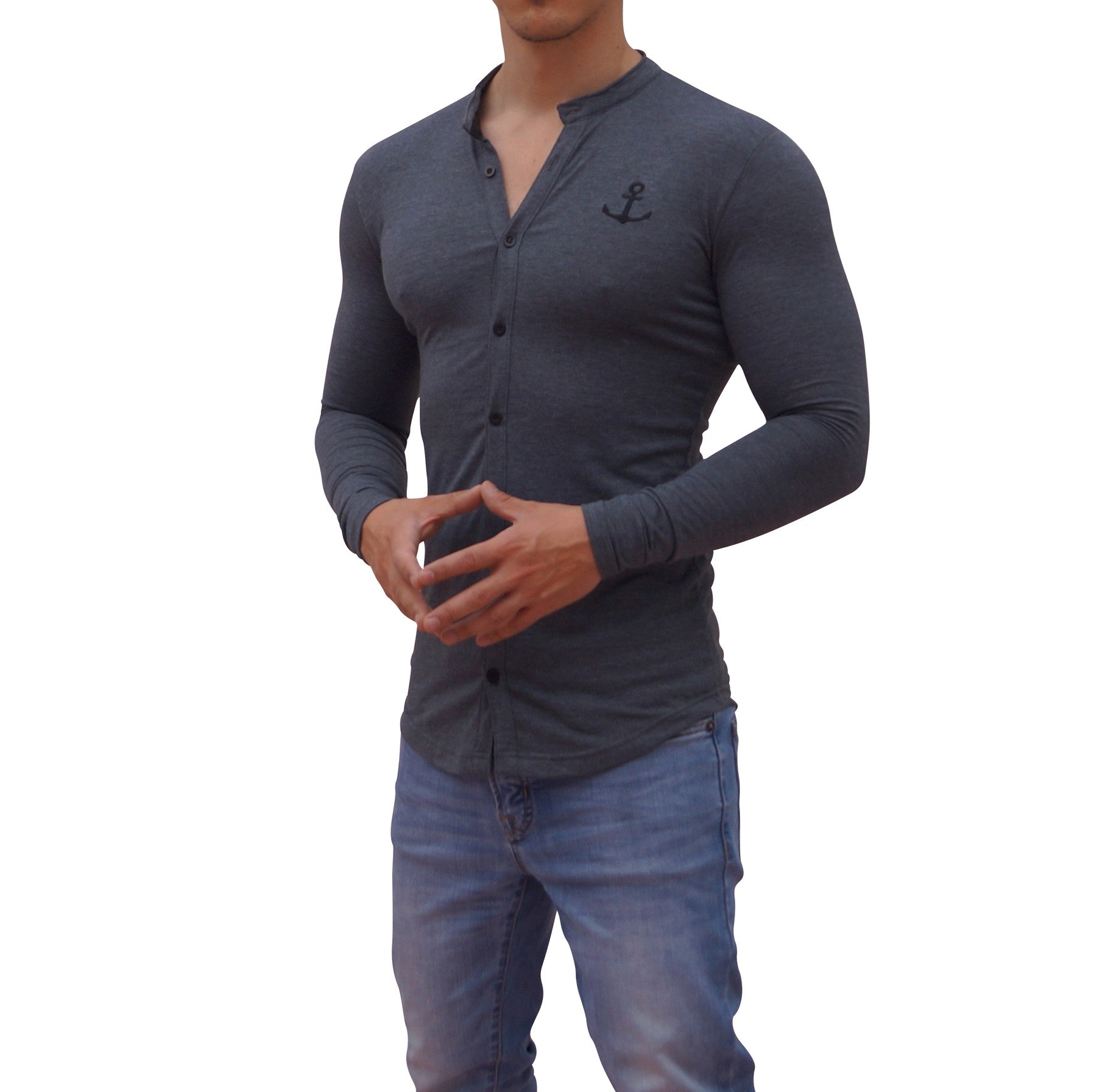 Grandad Jersey Shirt Gray Oxford Logo Black