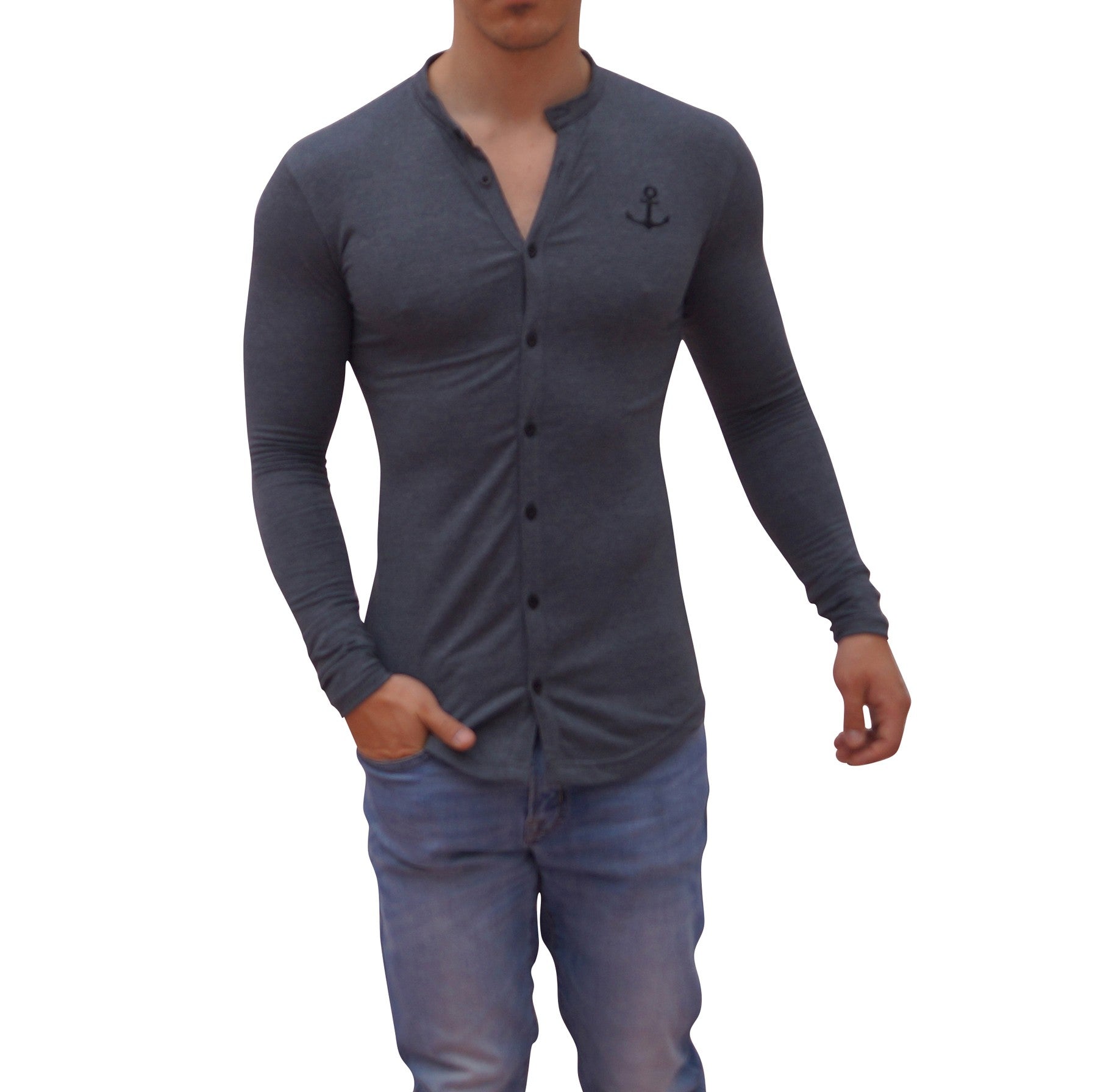 Grandad Jersey Shirt Gray Oxford Logo Black