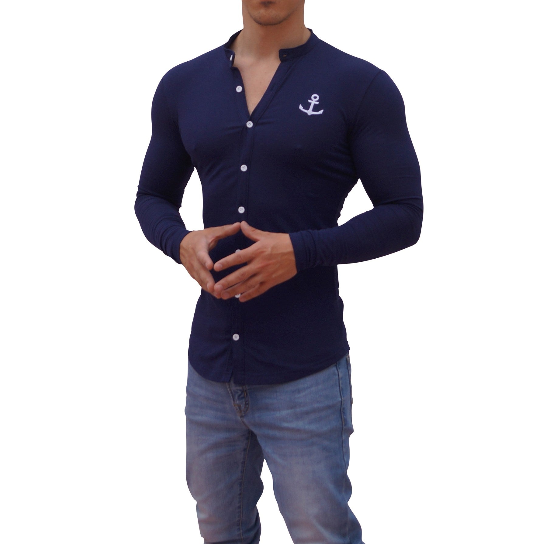 Grandad Jersey Shirt Navy Blue Logo White