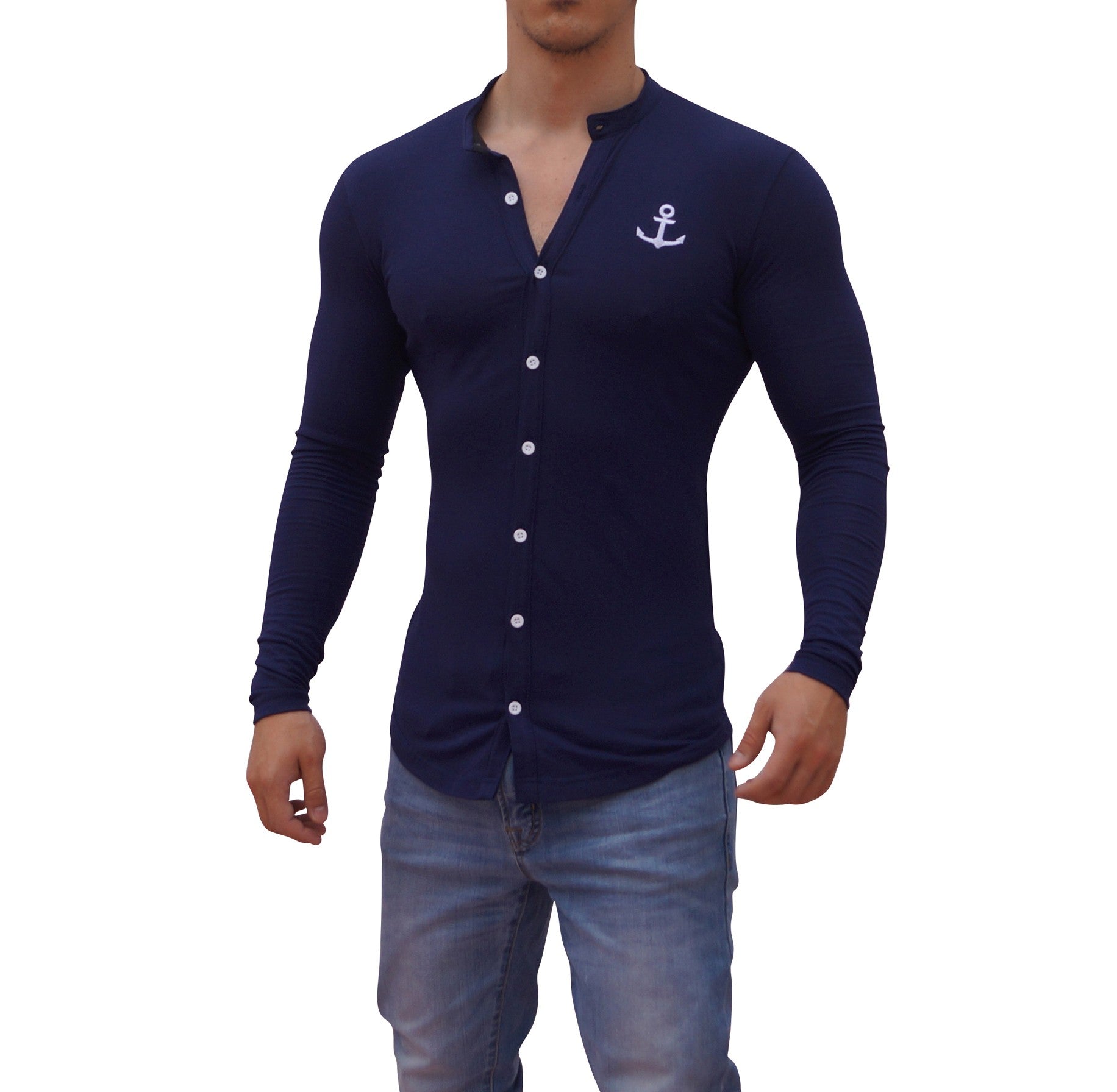 Grandad Jersey Shirt Navy Blue Logo White