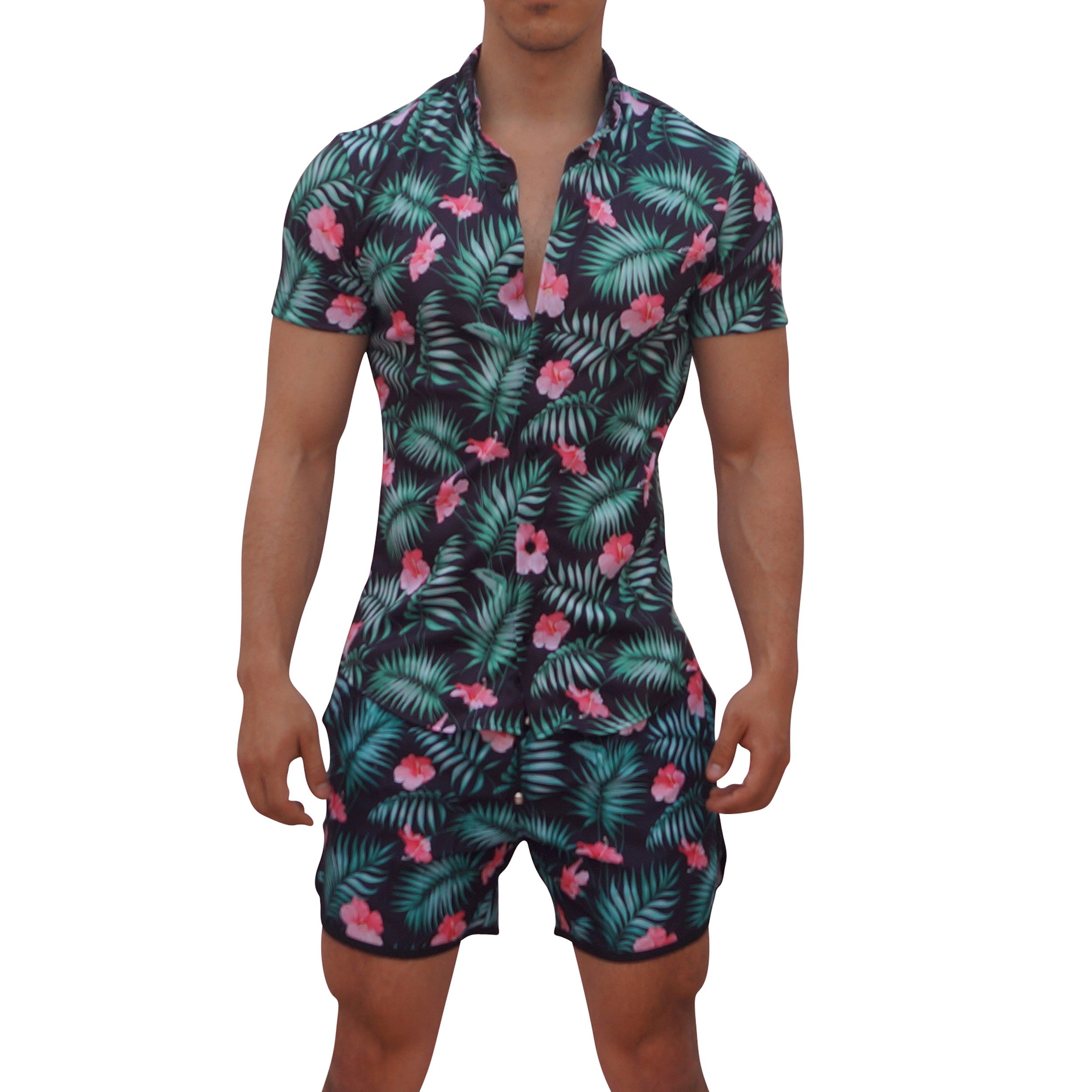 Camisa Negra Manga Corta Flores Negro