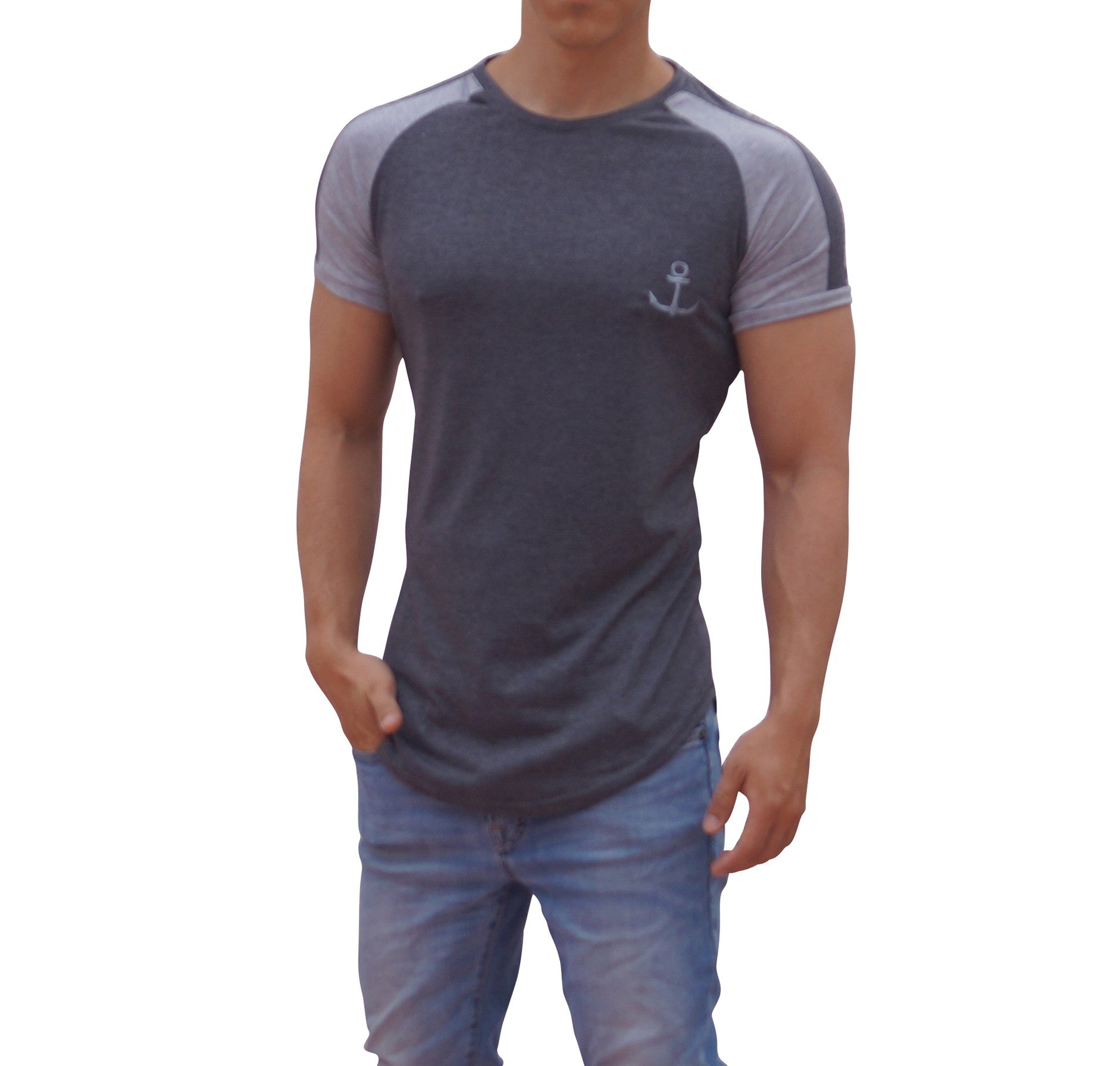 Gray Oxford Short Sleeve Ranglan T-Shirt Gray Oxford Stripe