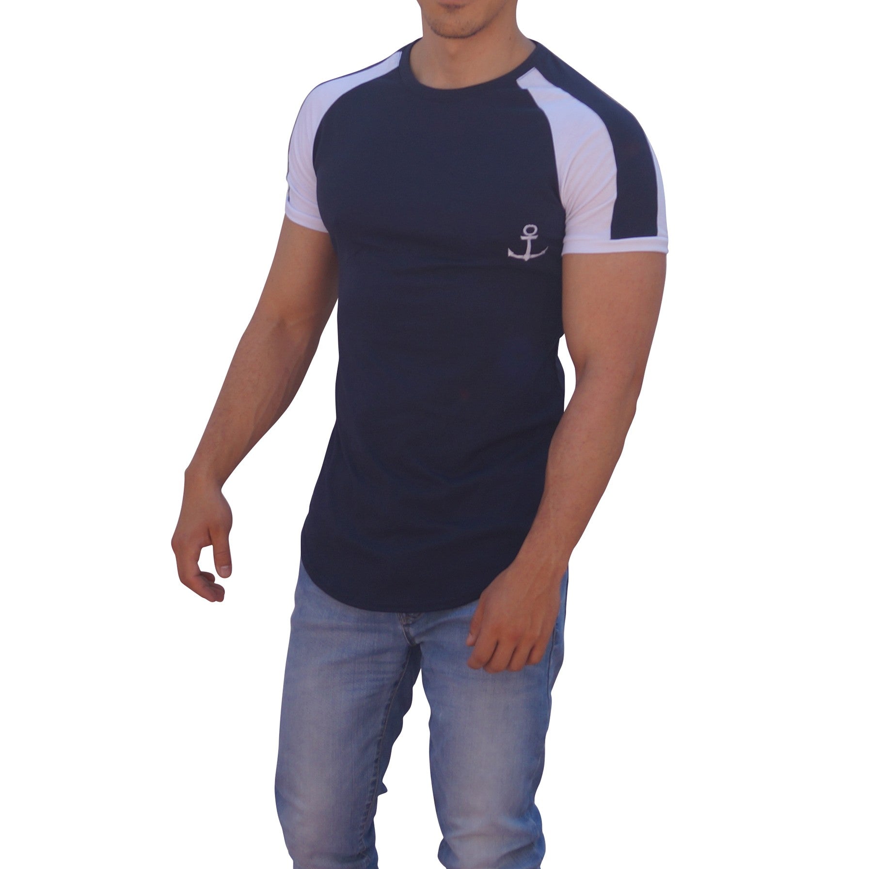 Navy Ranglan Short Sleeve Navy Stripe T-Shirt