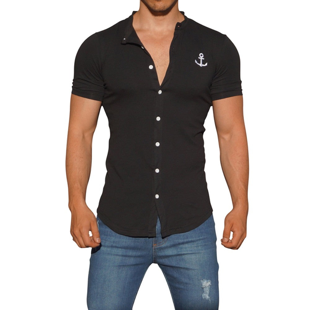 Grandad Jersey Shirt Black Logo White Short Sleeve
