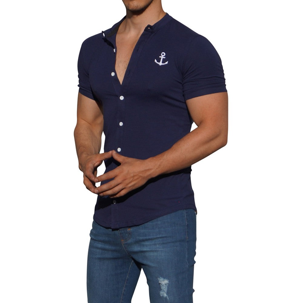 Grandad Jersey Shirt Navy Blue Logo White Short Sleeve