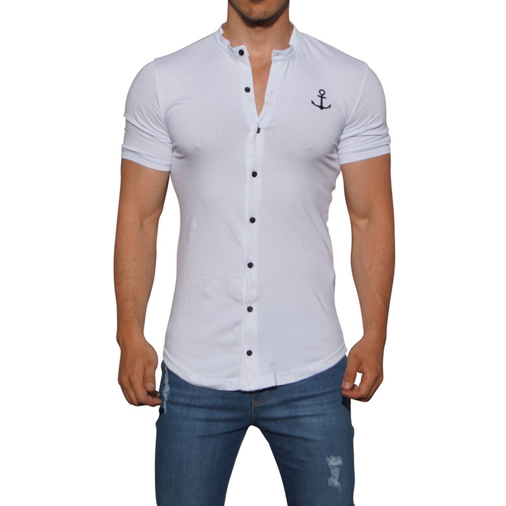 Grandad Jersey Shirt White Logo Black Short Sleeve