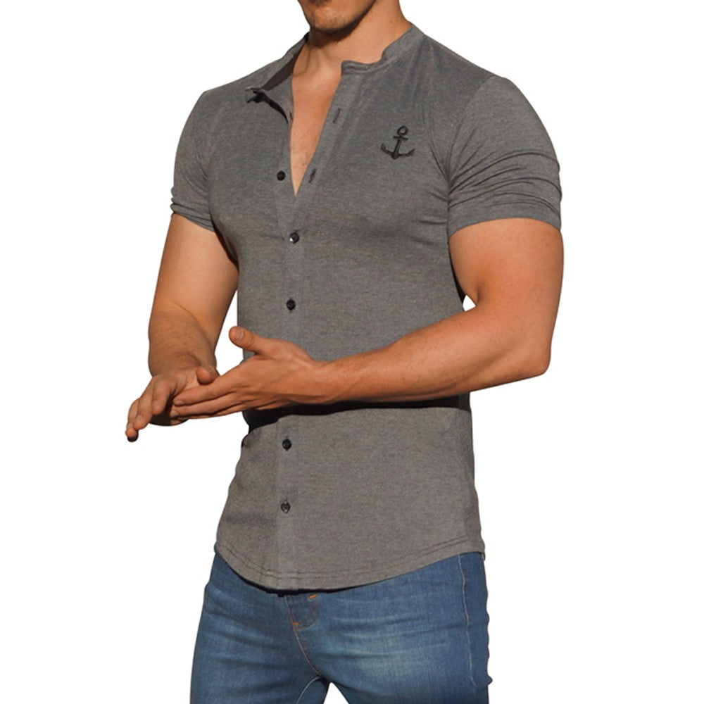 Grandad Jersey Shirt Gray Oxford Logo Black Short Sleeve