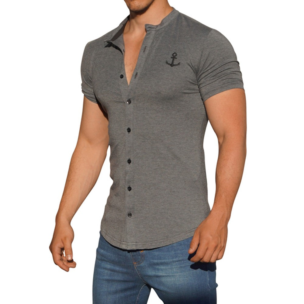 Grandad Jersey Shirt Gray Oxford Logo Black Short Sleeve