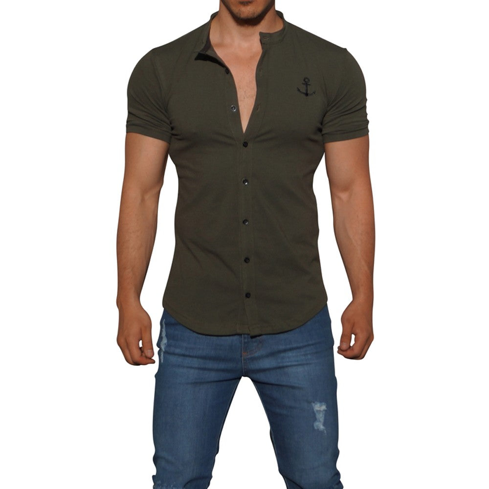 Grandad Jersey Shirt Military Green Logo Black Short Sleeve