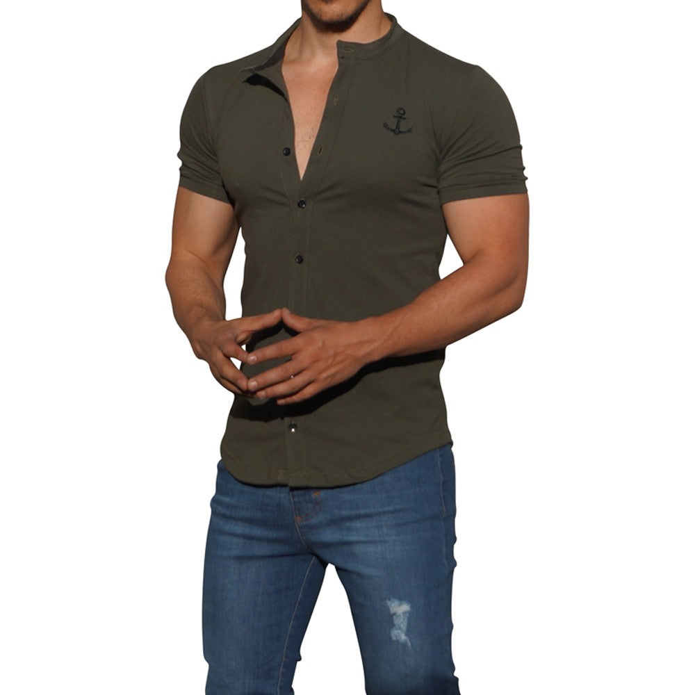 Grandad Jersey Shirt Military Green Logo Black Short Sleeve