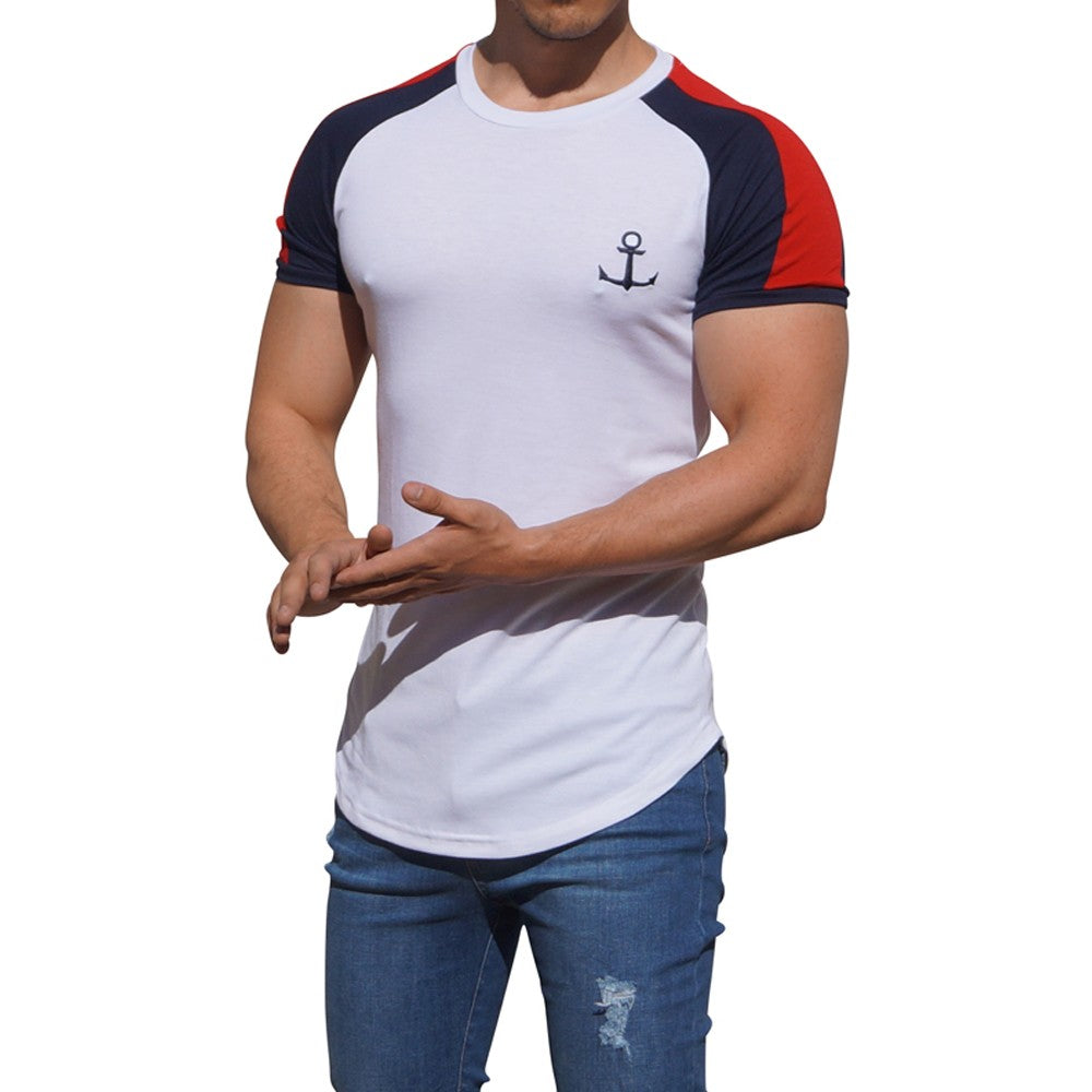 White Short Sleeve Raglan T-shirt with Red Stripe