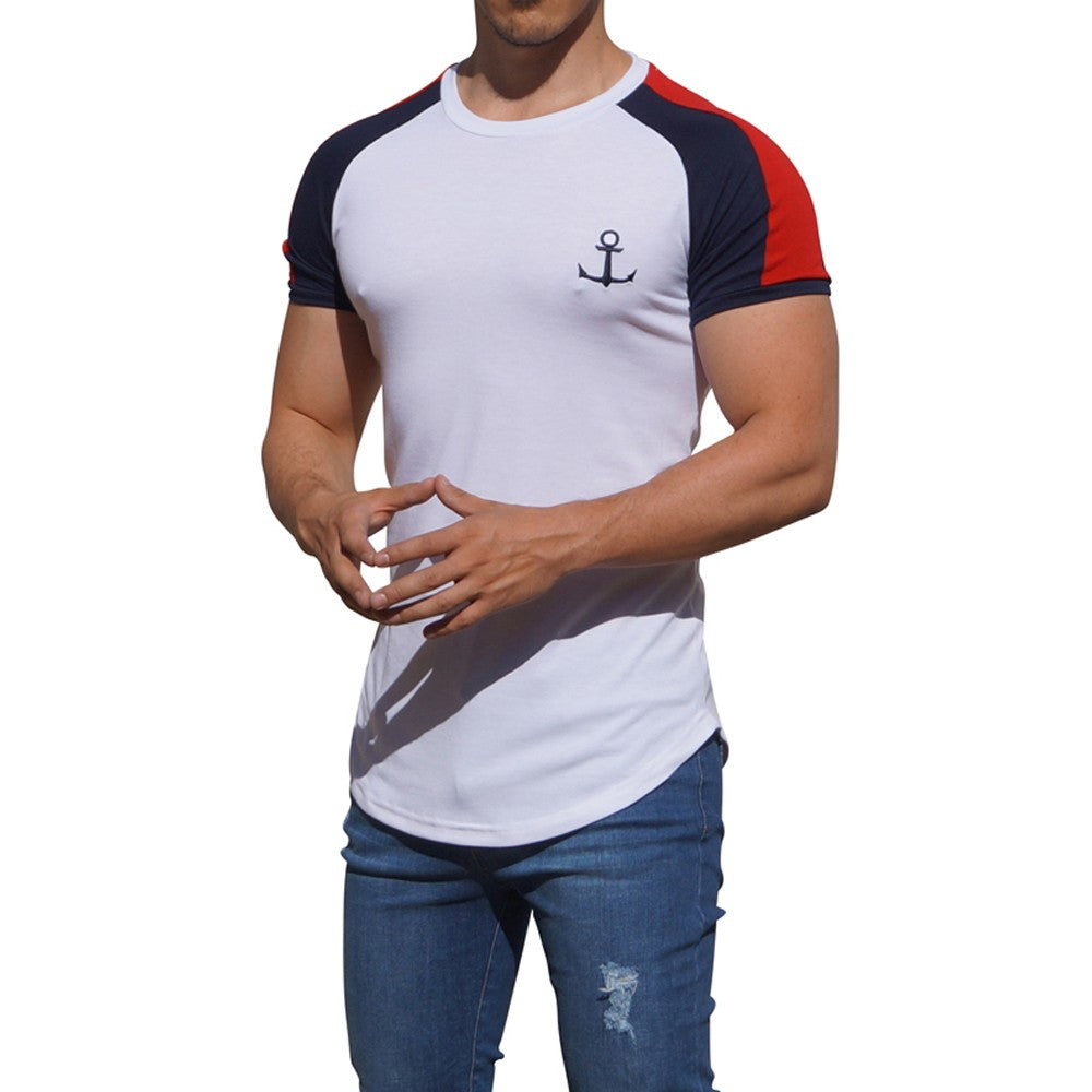 White Short Sleeve Raglan T-shirt with Red Stripe