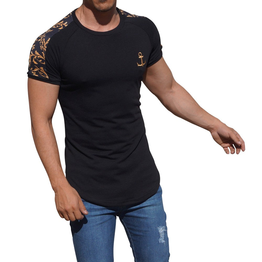 Short Black Raglan T-shirt with Baroque Stripe