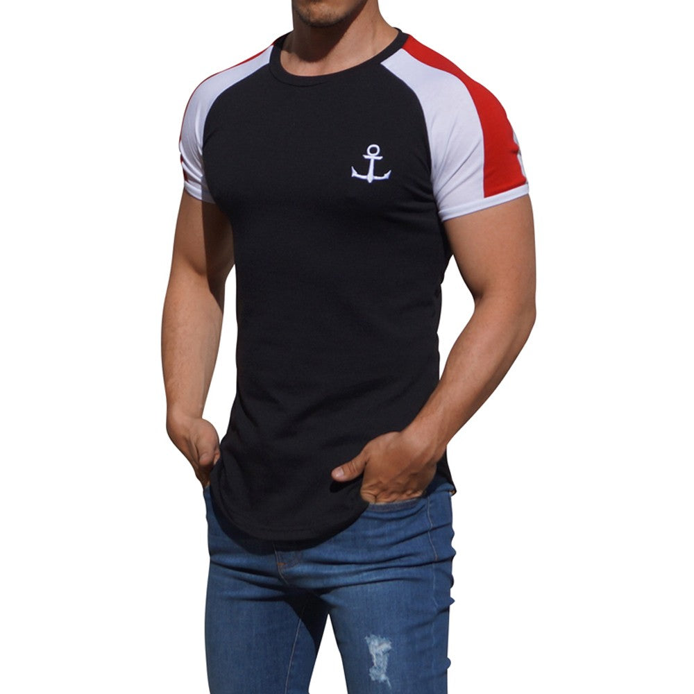 Black Short Sleeve Raglan T-shirt with Red Stripe