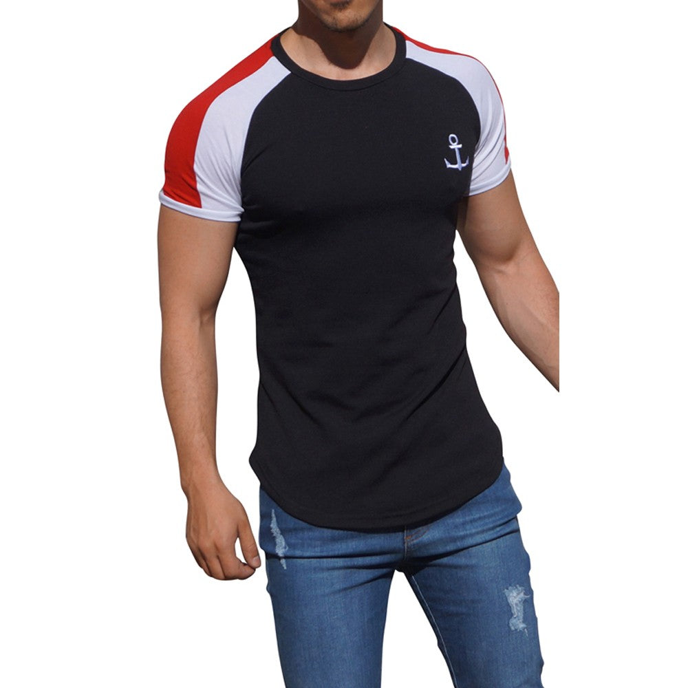 Black Short Sleeve Raglan T-shirt with Red Stripe