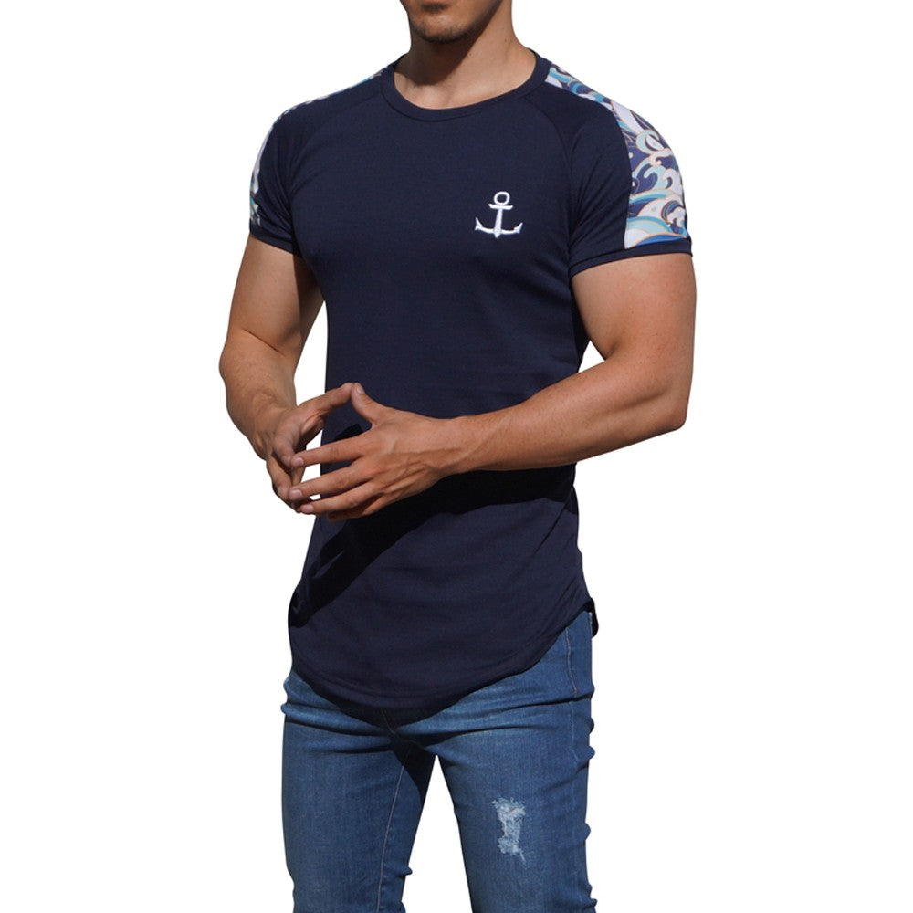 Navy Ranglan Short Sleeve Wave Stripe T-Shirt