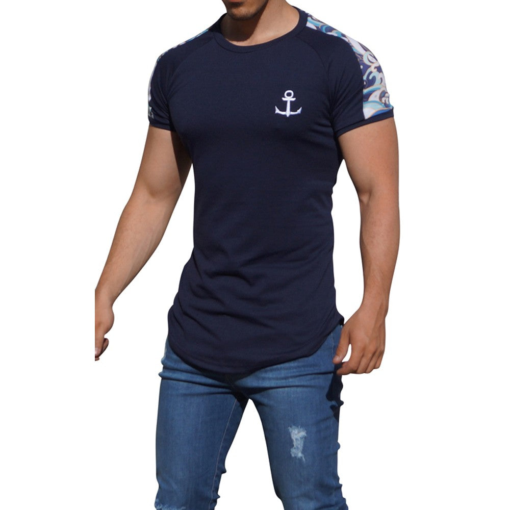 Navy Ranglan Short Sleeve Wave Stripe T-Shirt