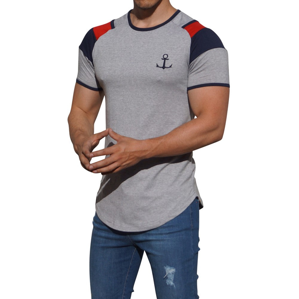 Playera Ranglan Gris Claro Manga Corta Barra Marino