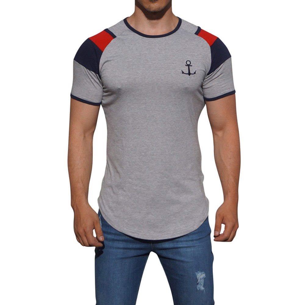 Playera Ranglan Gris Claro Manga Corta Barra Marino