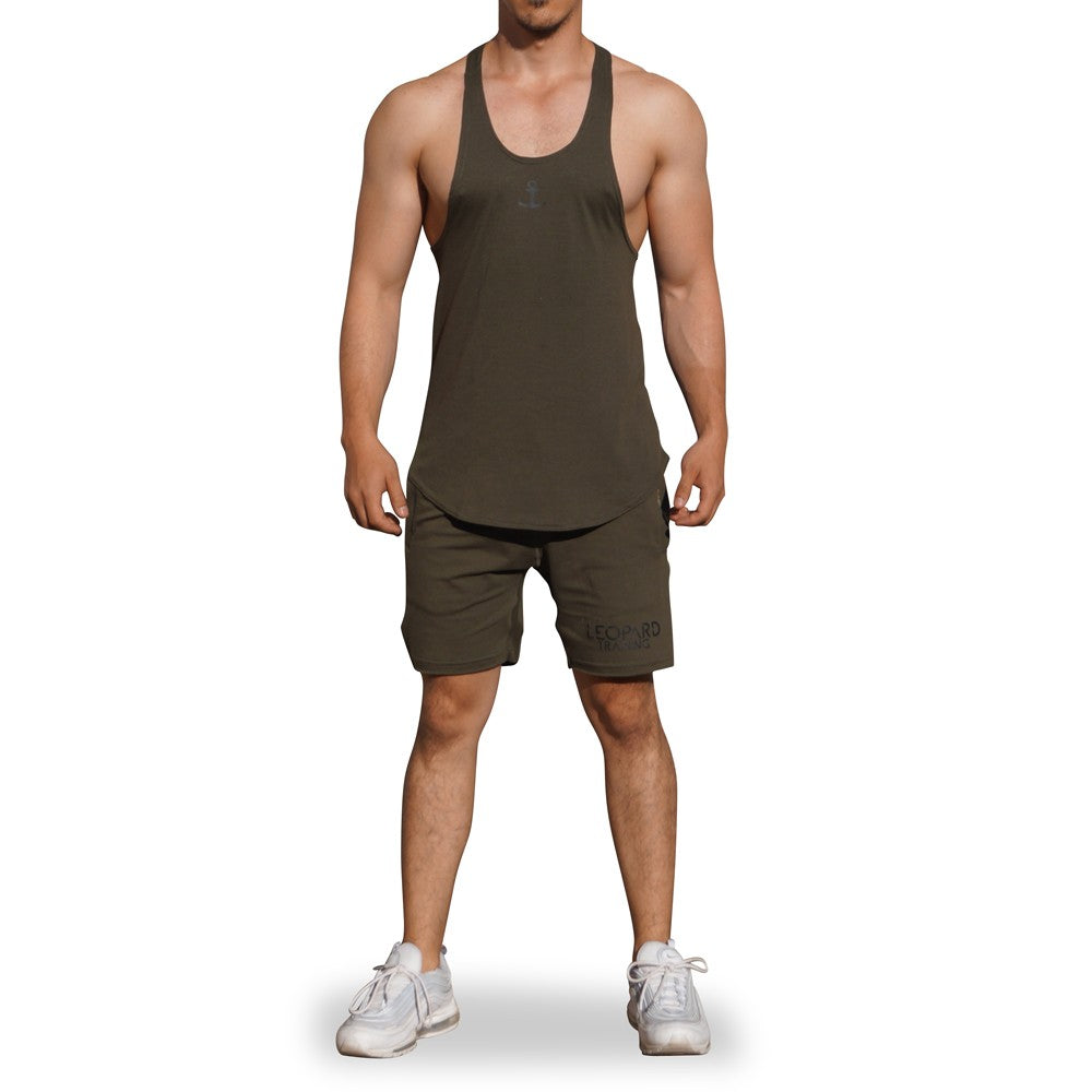 Gym Stringer Tank Military Green Black Anchor