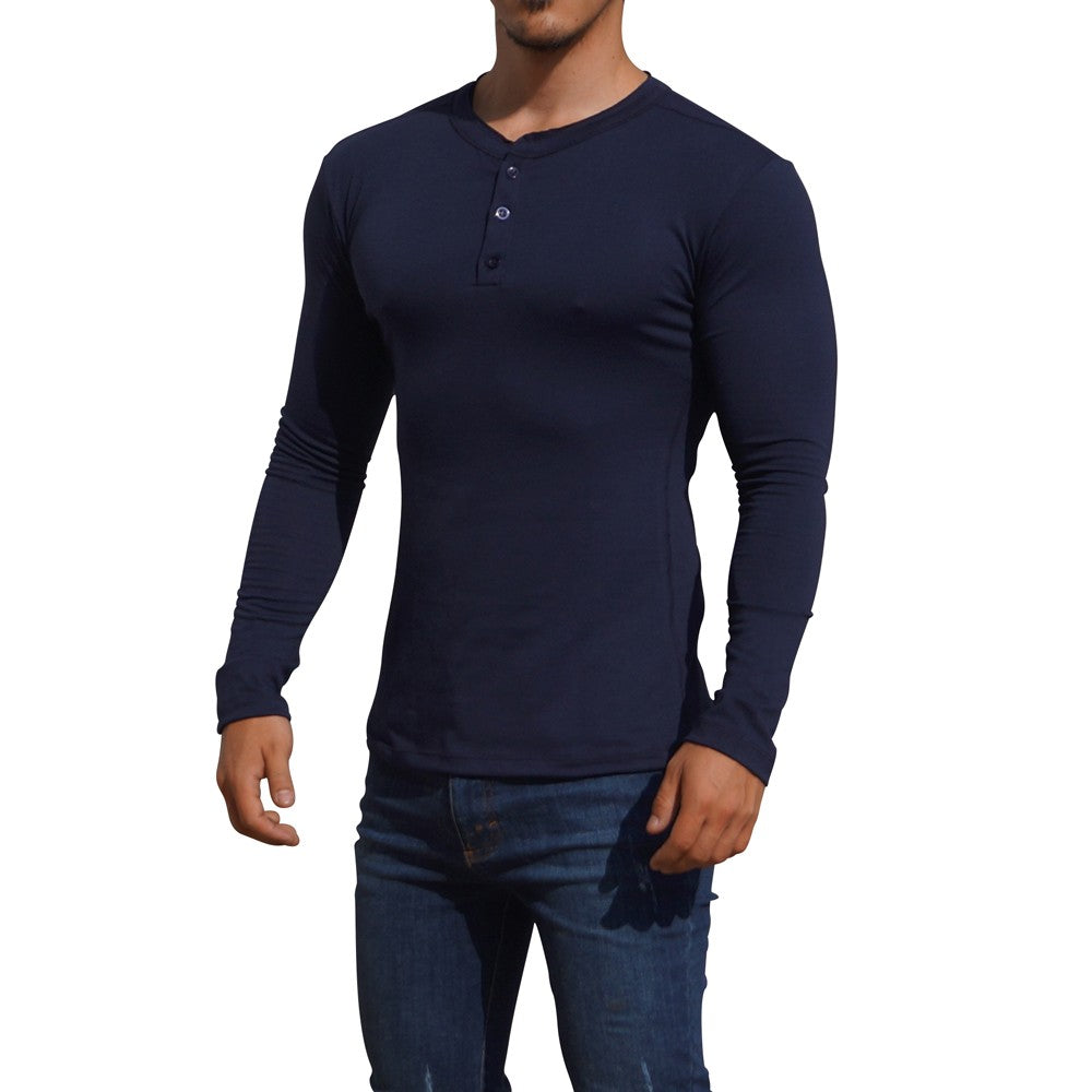 Playera Henley Manga Larga Marino