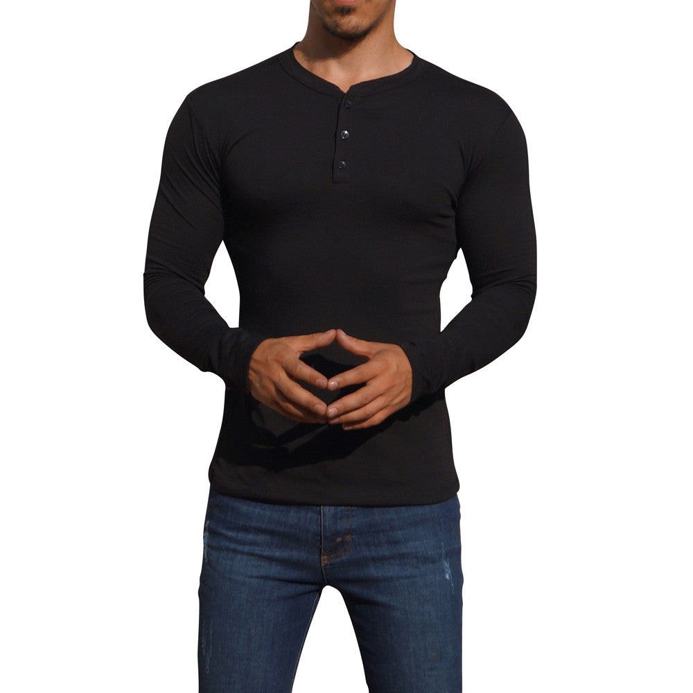 Playera Henley Manga Larga Negro