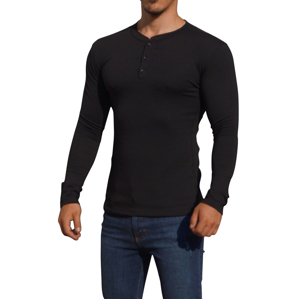 Playera Henley Manga Larga Negro