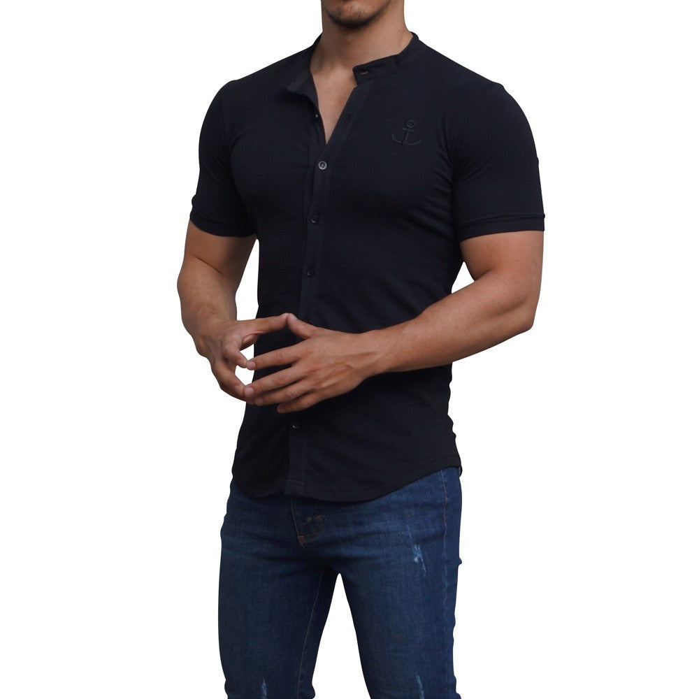 Grandad Jersey Shirt Black Logo Black Short Sleeve