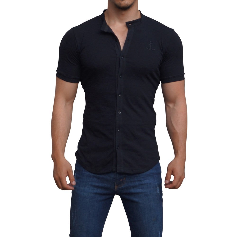 Grandad Jersey Shirt Black Logo Black Short Sleeve