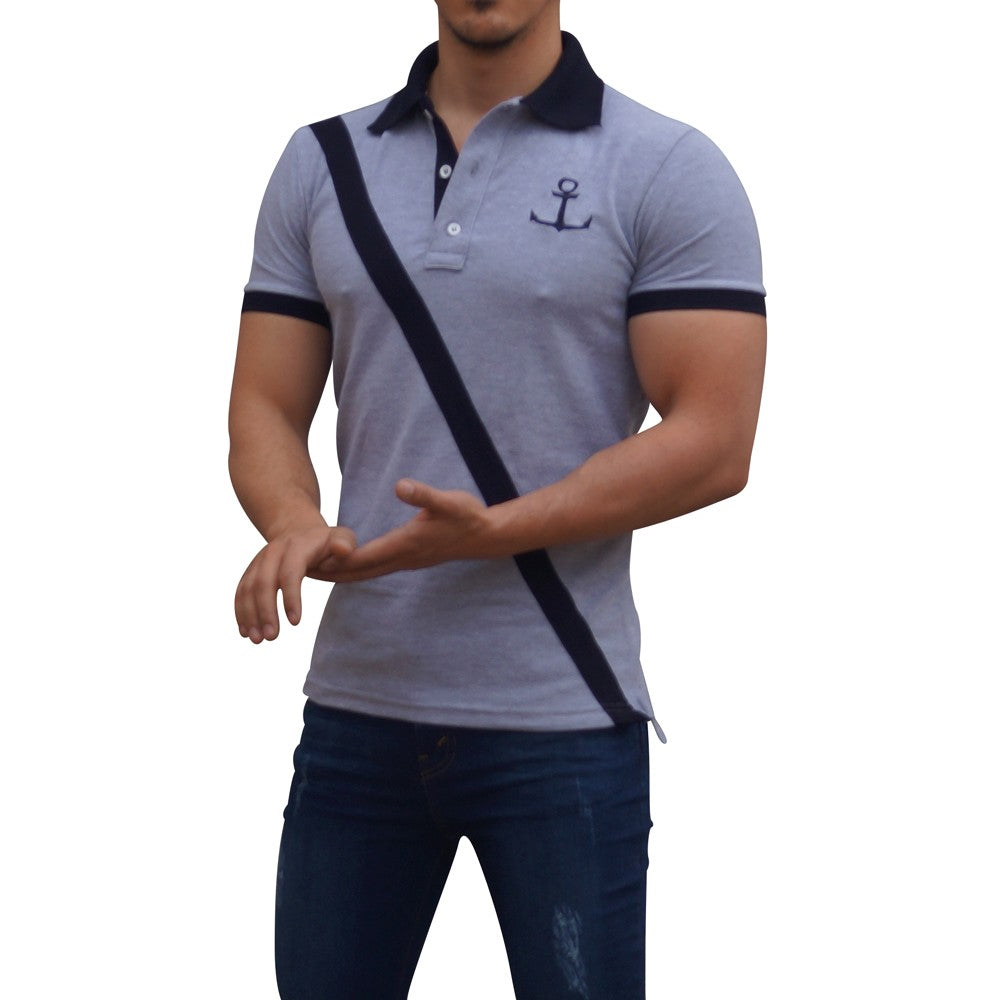 Polo Jaspe Mangas Jaspe Franja Marino Logo Marino