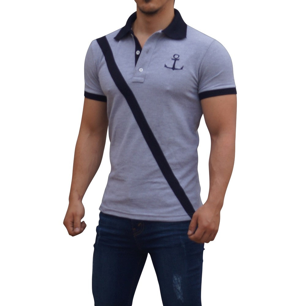 Polo Jaspe Mangas Jaspe Franja Marino Logo Marino