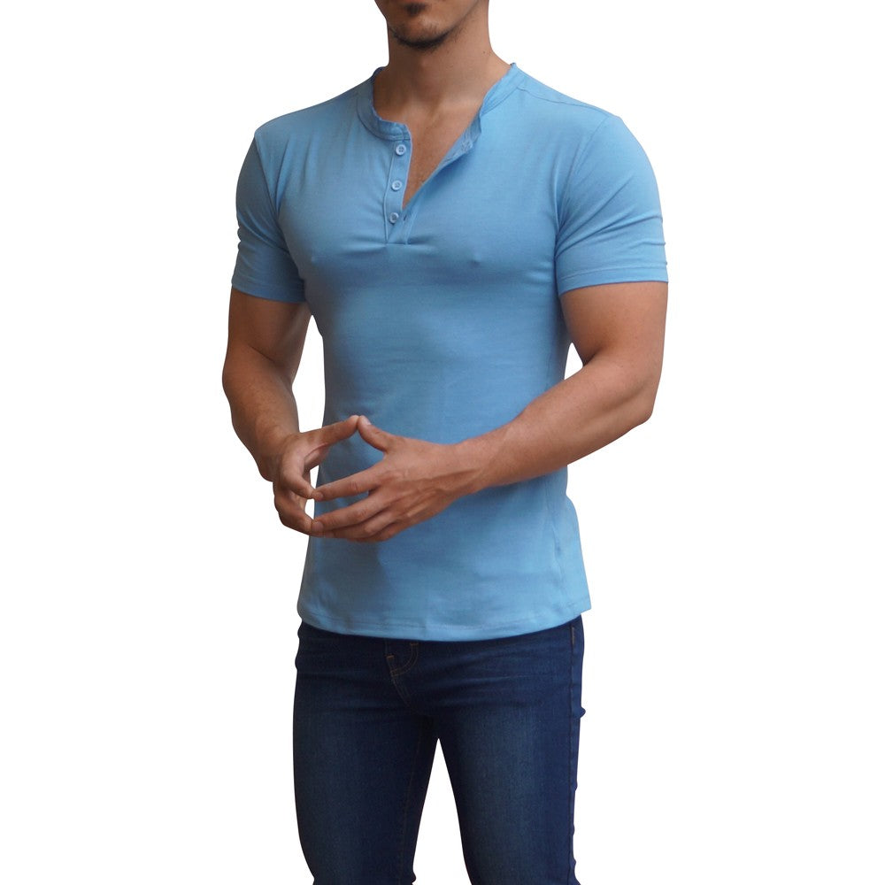 Playera Henley Manga Corta Azul Claro
