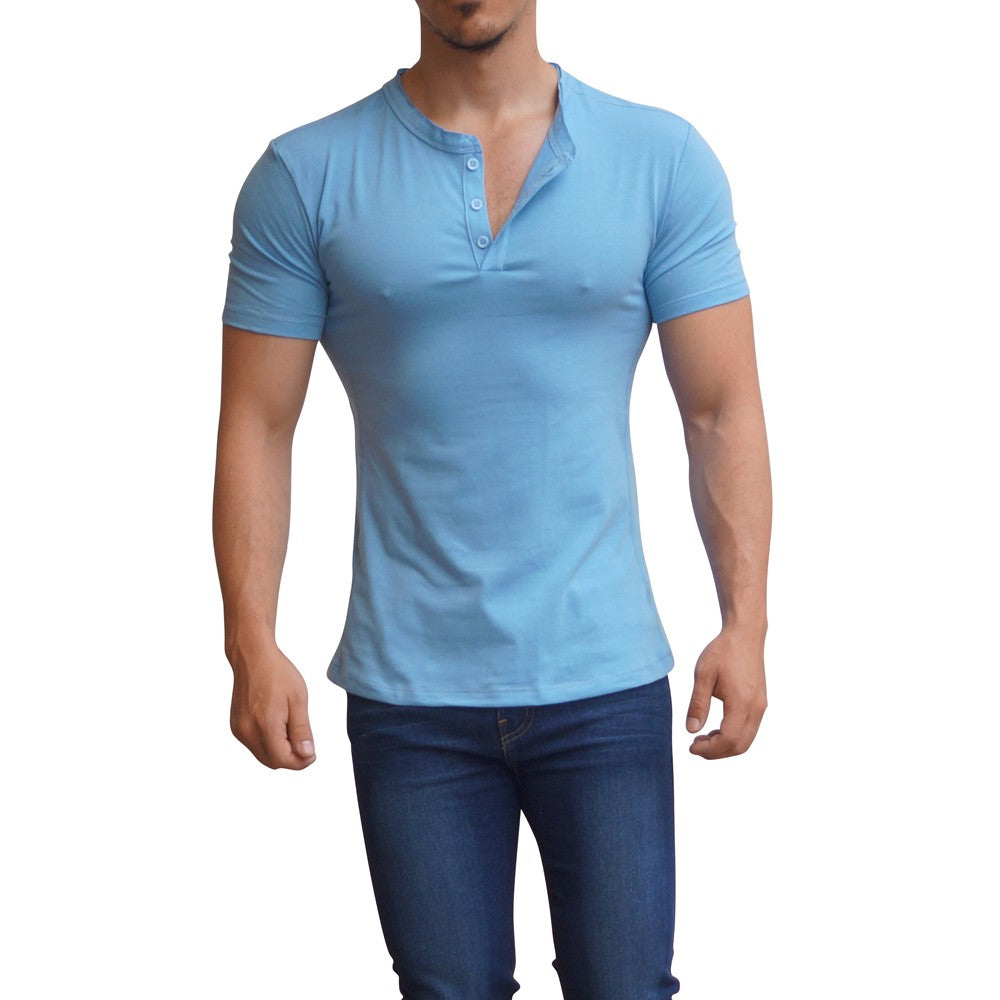 Playera Henley Manga Corta Azul Claro