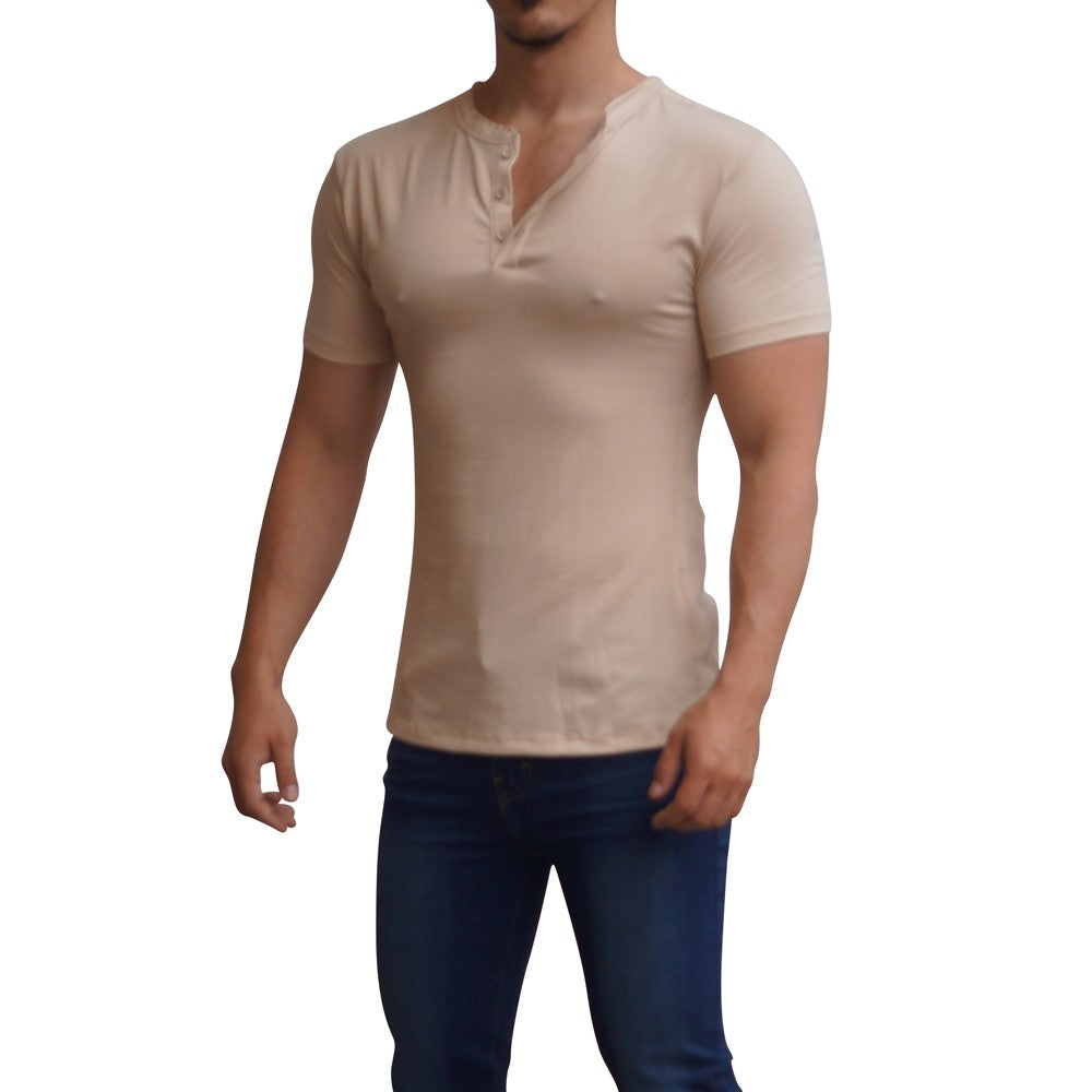 Playera Henley Manga Corta Beige