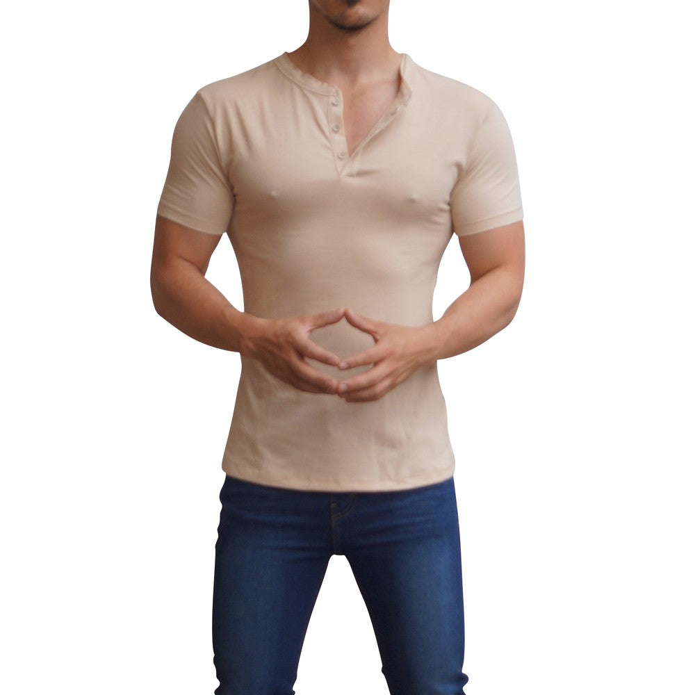 Playera Henley Manga Corta Beige