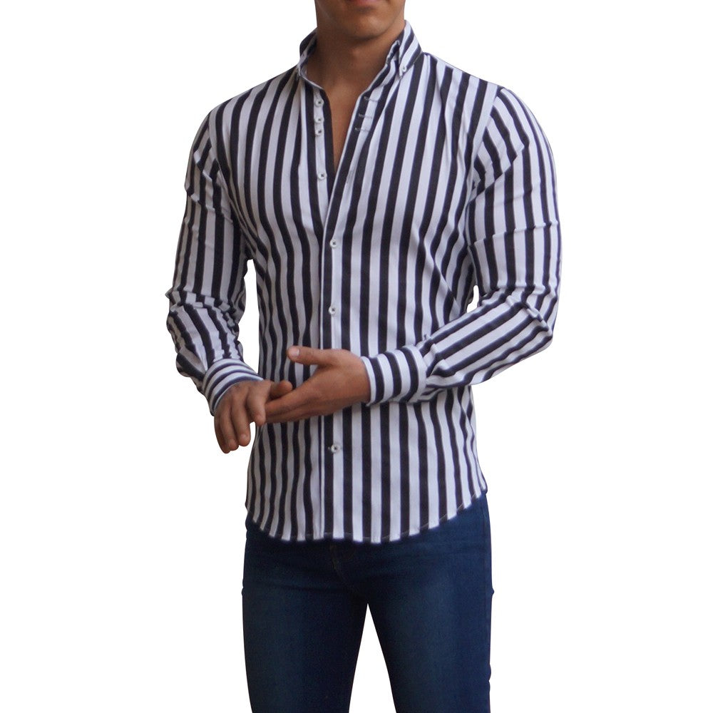 Camisa Barras Negras Manga Larga Blanco / Negro