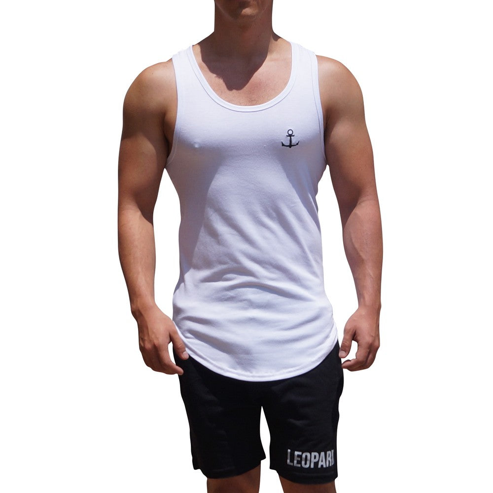 Gym Core Tank White Embroidered Black Anchor